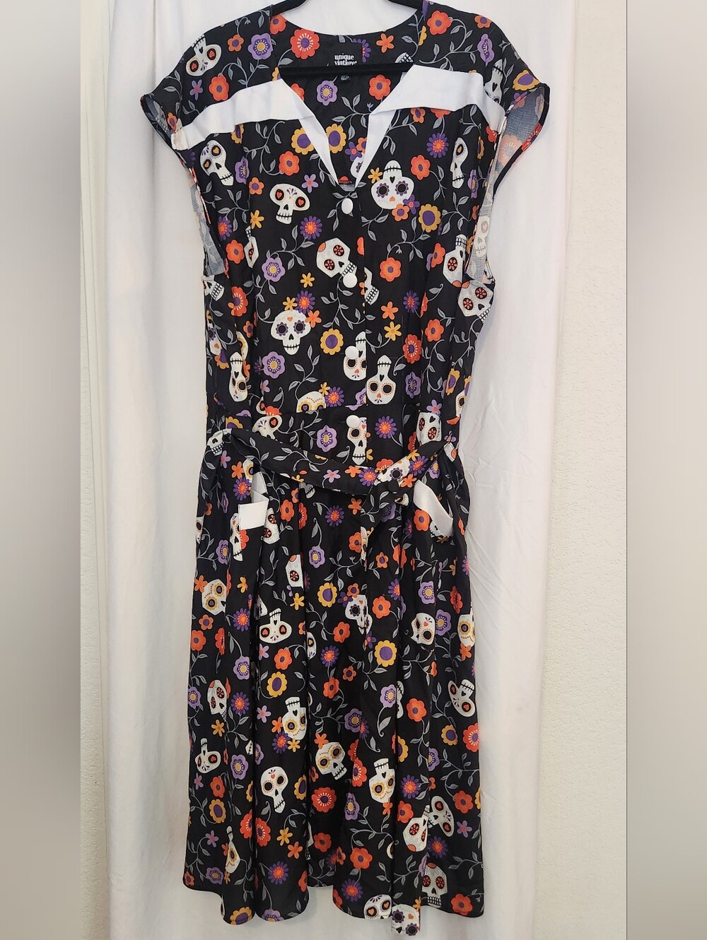 Unique Vintage Halloween Day Of Dead Floral Skull Print Dress Black Pockets 4X